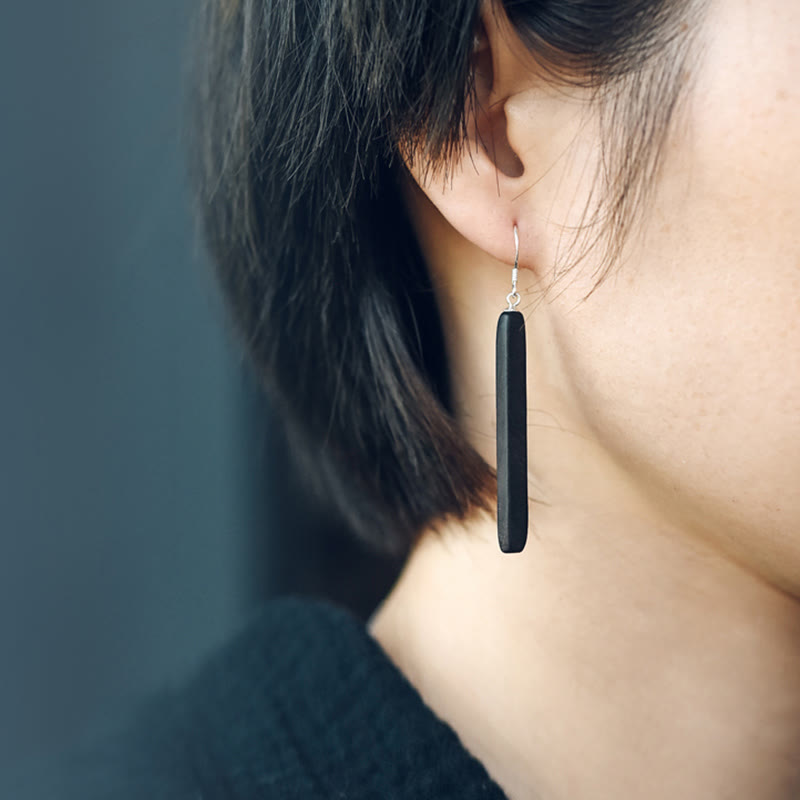 Nimara Ritual 925 Sterling Silver Ebony Wood Texture Balance Peace Drop Dangle Earrings