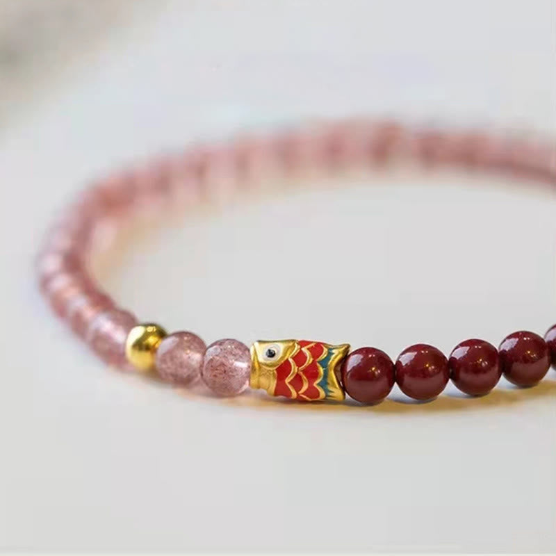 Nimara Ritual Natural Strawberry Quartz Cinnabar Lucky Koi Fish Healing Bracelet