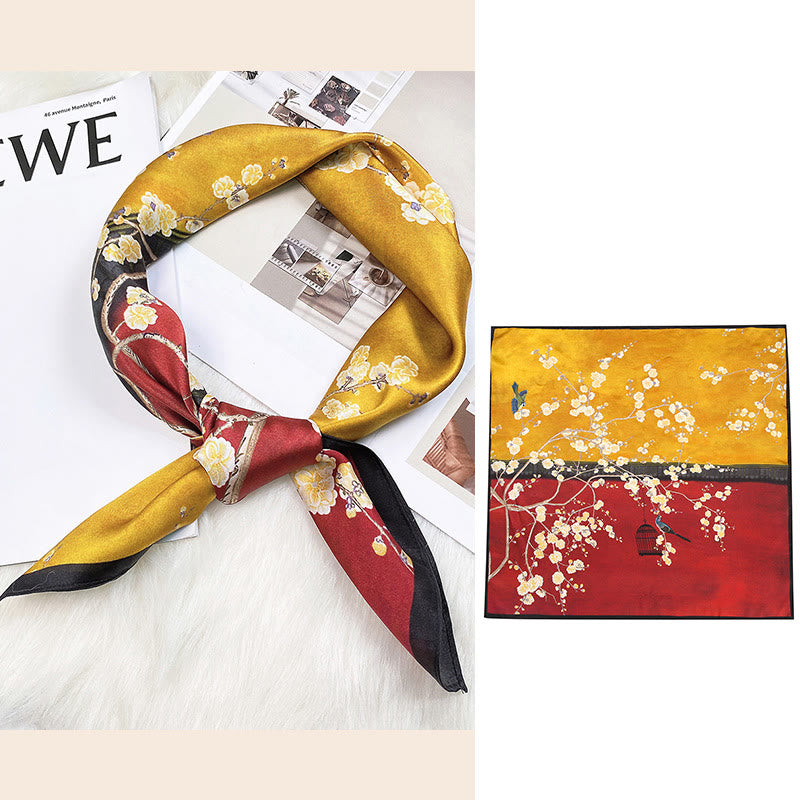 Nimara Ritual Pastoral Scene Hot Air Balloon Spring Blossom 100% Mulberry Silk Neck Hair Scarf
