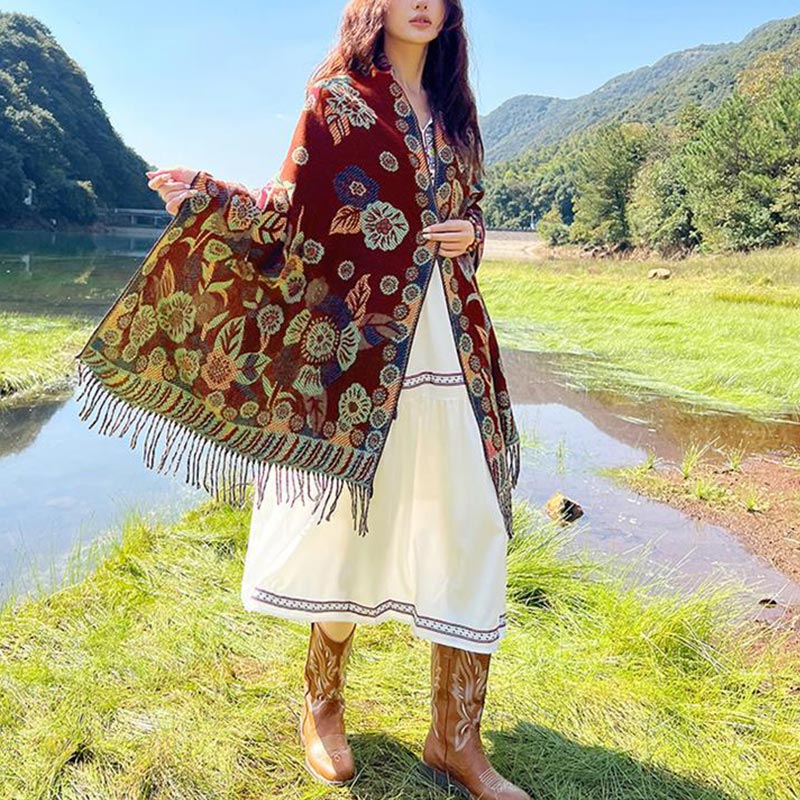Nimara Ritual Tibetan Flower Floral Leaves Pattern Design Shawl Cozy Travel Scarf Wrap