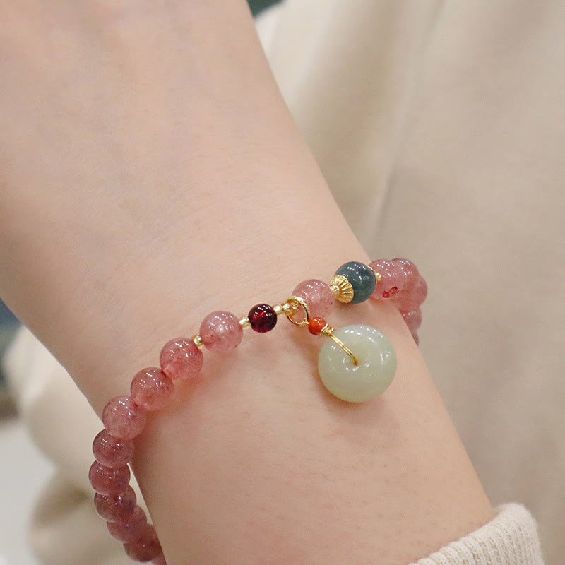 Nimara Ritual Natural Strawberry Quartz Jade Peace Buckle Coin Purse Healing Bracelet