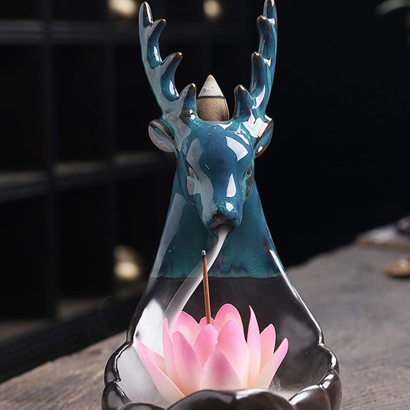 Nimara Ritual Little Deer Ceramic Lotus Meditation Incense Burner Decoration
