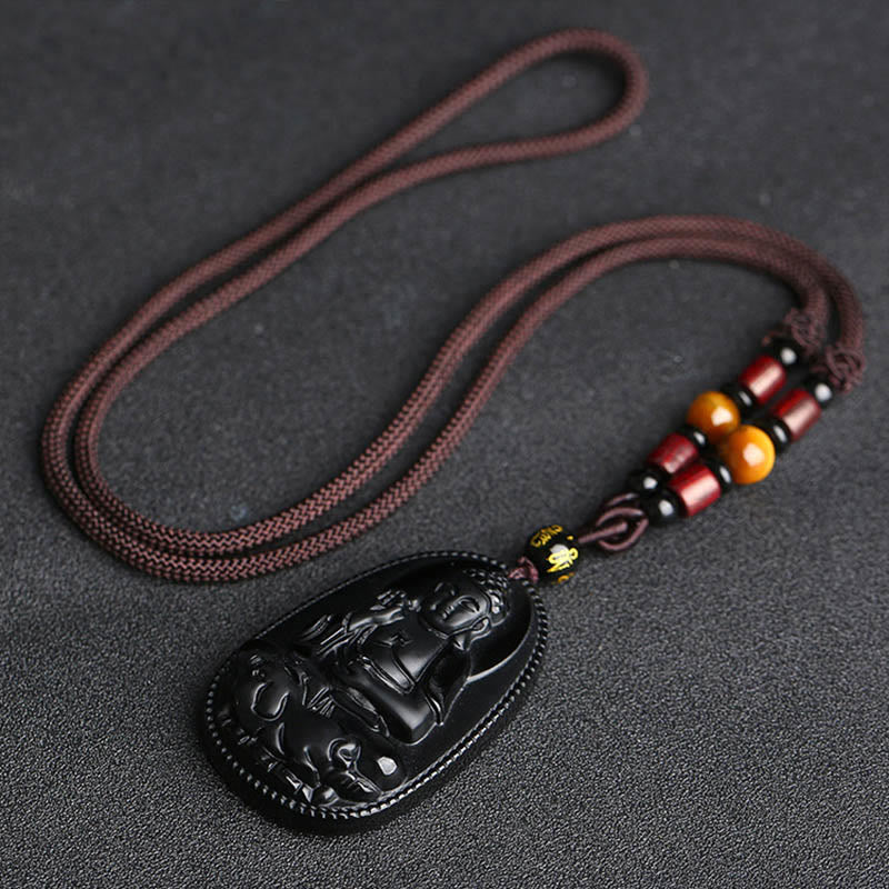 Nimara Ritual Chinese Zodiac Natal Buddha Natural Black Obsidian Purification Necklace Pendant