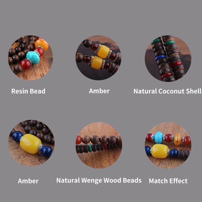 Nimara Ritual Tibetan Wenge Wood Bodhi Seed Agate Elephant Protection Necklace Pendant