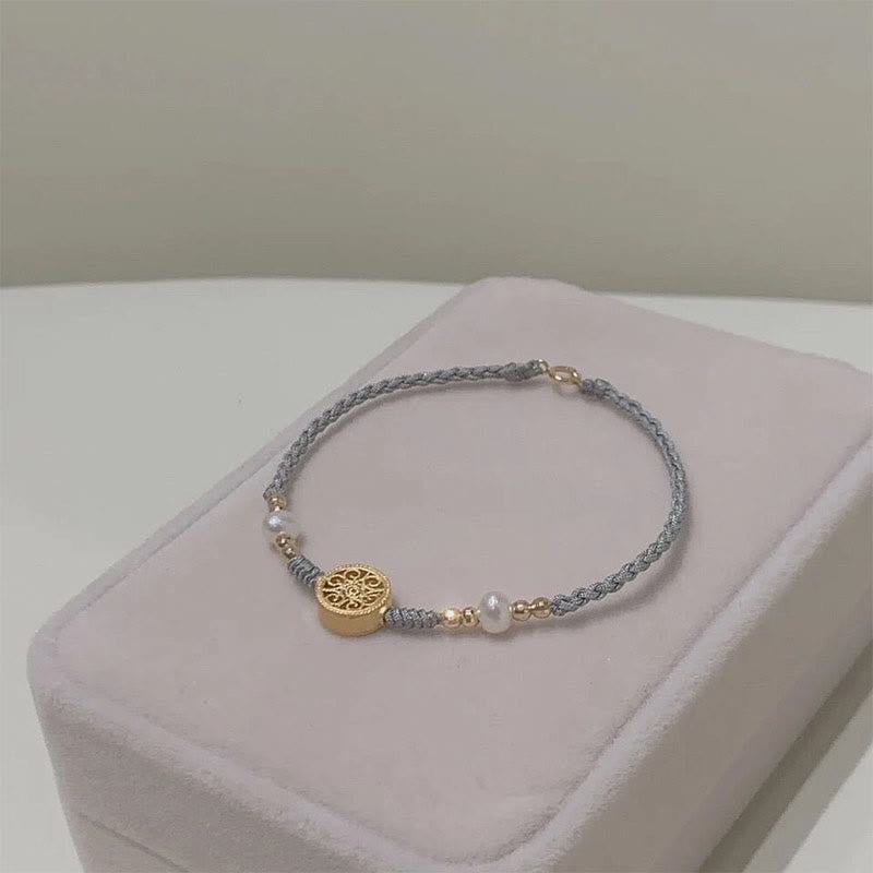 Nimara Ritual Copper Coin Fortune Tree Pearl Luck Blue Rope Braided Bracelet