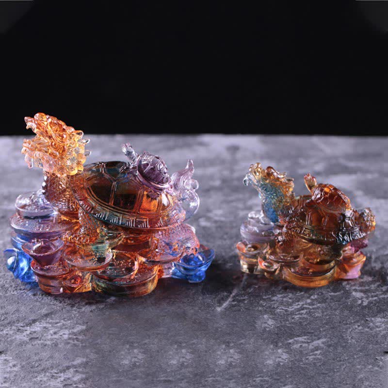 Nimara Ritual Feng Shui Dragon Turtle Coins Handmade Liuli Crystal Luck Art Piece Home Office Decoration