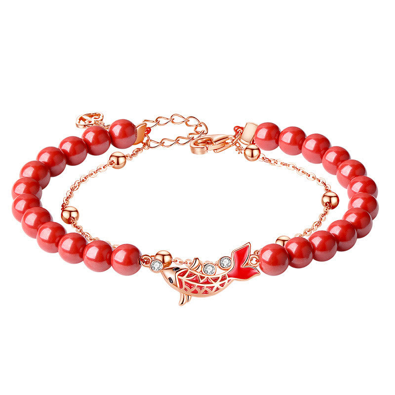 Nimara Ritual 925 Sterling Silver Lucky Koi Fish Cinnabar Zircon Prosperity Double Layer Chain Bracelet