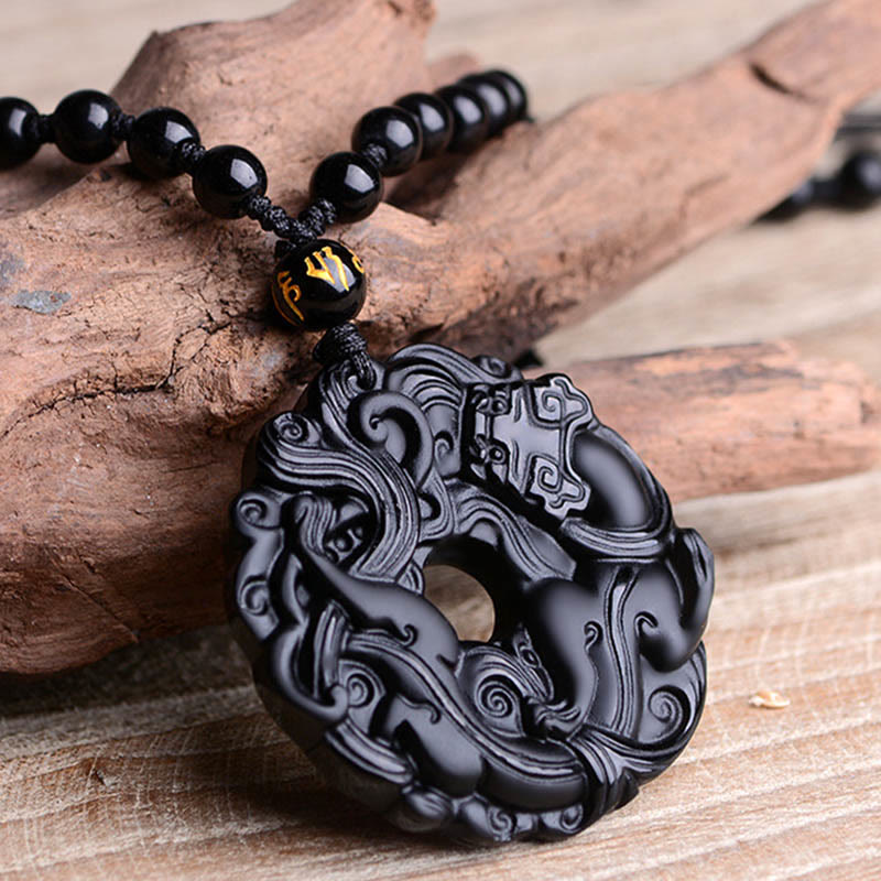 Nimara Ritual Natural Black Obsidian Peace Buckle Pixiu Purification Necklace Pendant