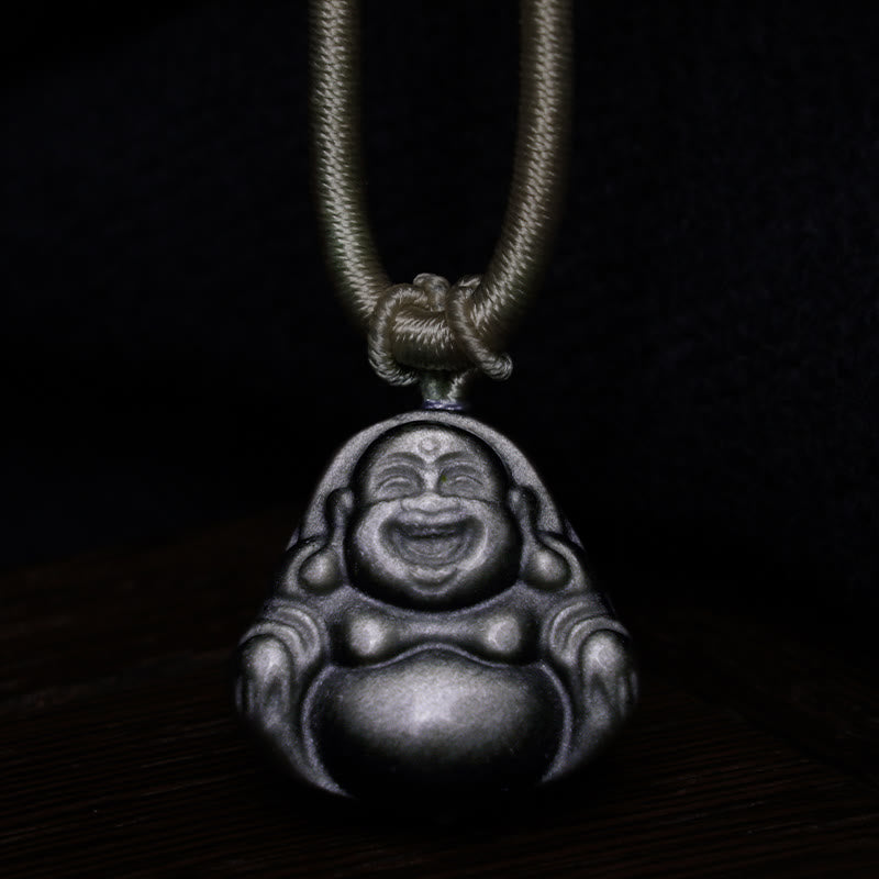 Nimara Ritual Natural Silver Sheen Obsidian Laughing Buddha Protection Necklace Pendant