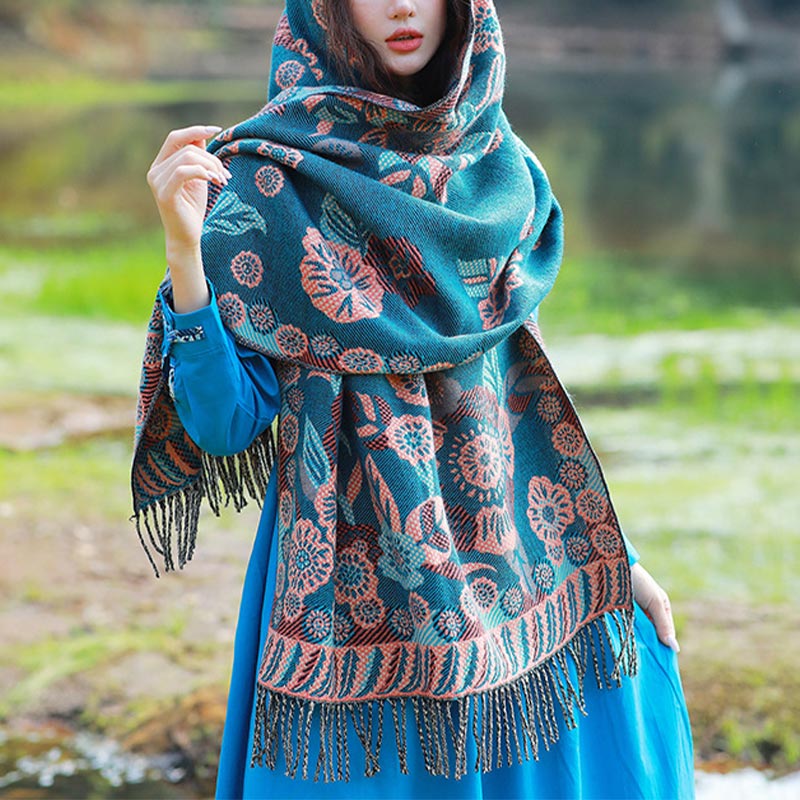 Nimara Ritual Tibetan Flower Floral Leaves Pattern Design Shawl Cozy Travel Scarf Wrap