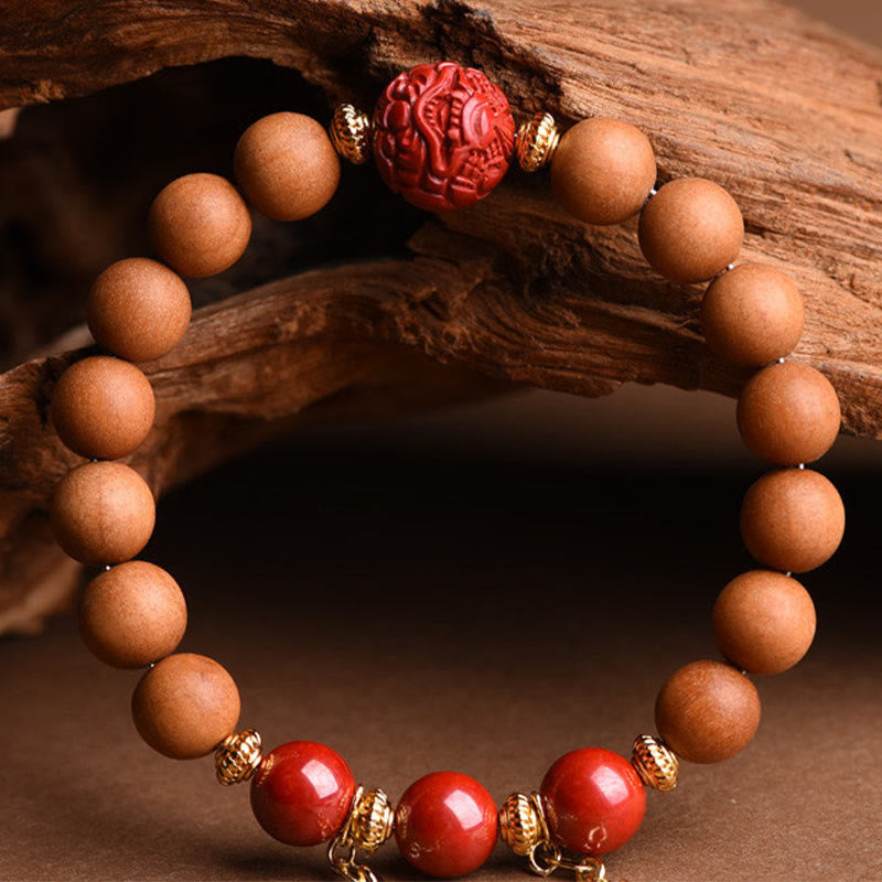 Nimara Ritual Tibetan Natural Peach Wood Cinnabar PiXiu Wealth Tassels Bracelet