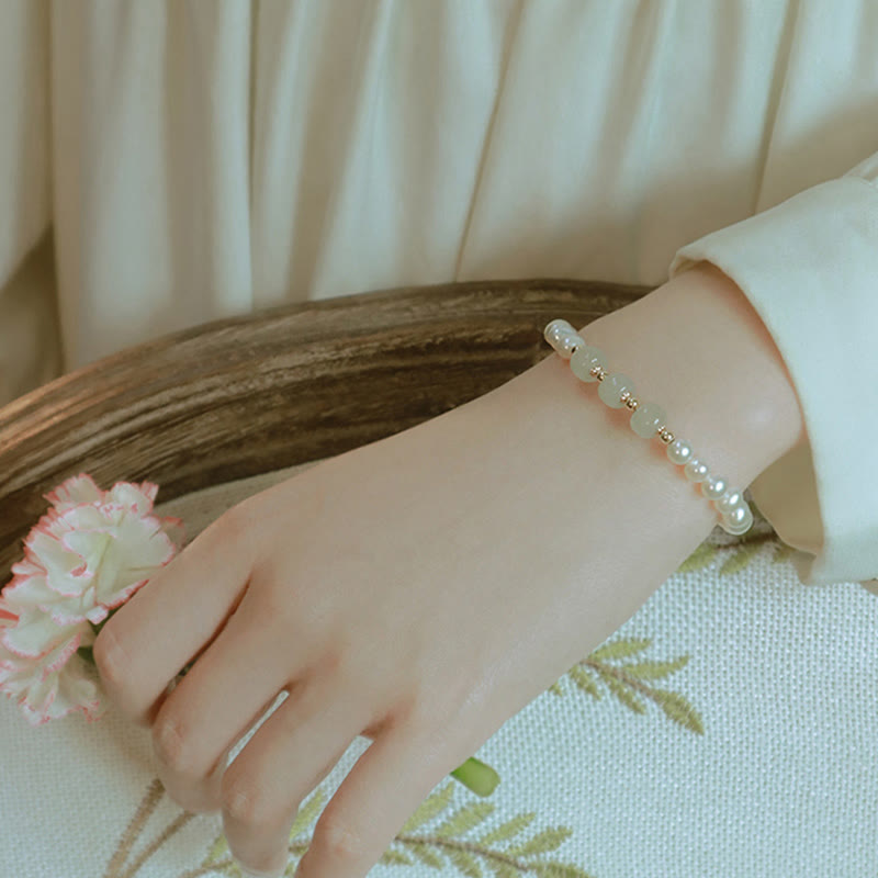 Nimara Ritual 14K Gold Plated Natural Pearl Hetian Cyan Jade White Jade Sincerity Bead Chain Bracelet