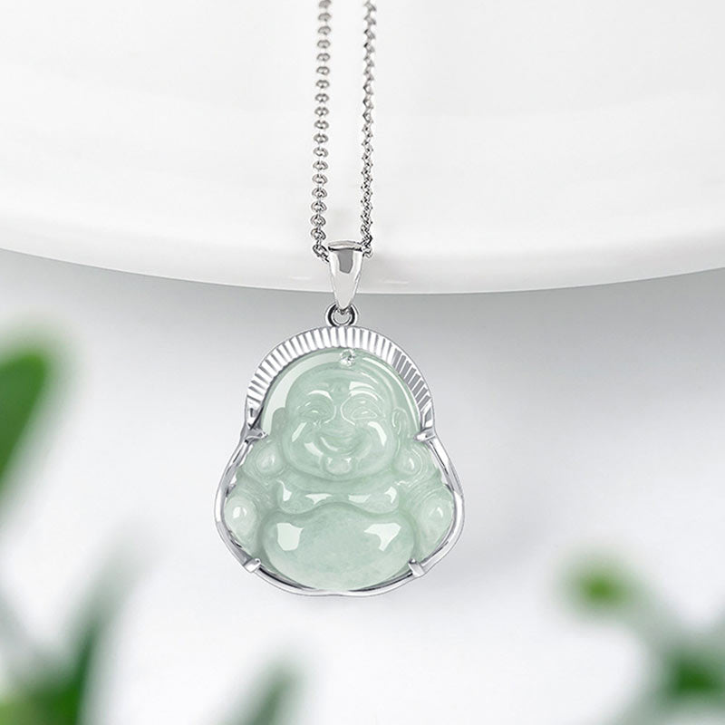 Nimara Ritual Laughing Buddha Jade Luck Calm Titanium Steel Chain Necklace Pendant