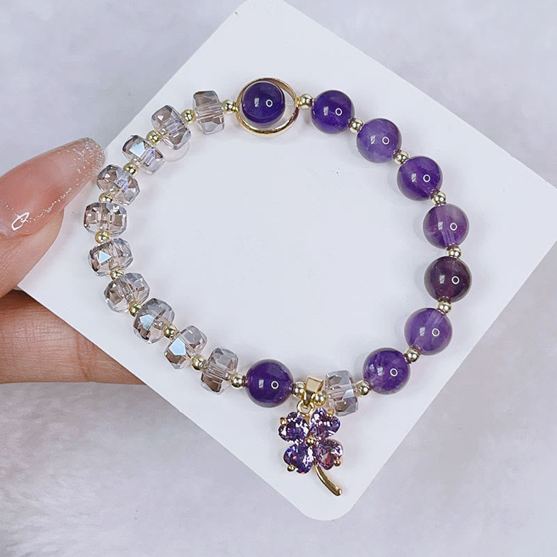 Nimara Ritual Amethyst Crystal Four Leaf Clover Healing Charm Bracelet