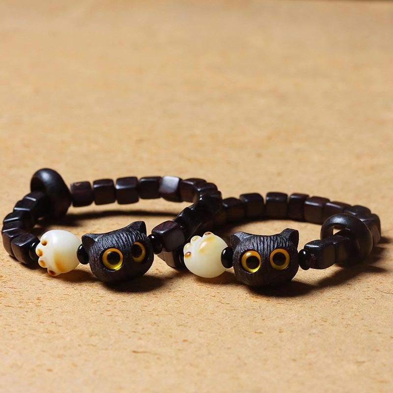 Nimara Ritual Ebony Wood Cute Cat Bodhi Seed Paw Claw Square Beads Calm Bracelet