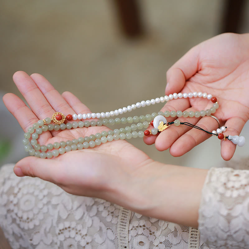 Nimara Ritual 925 Sterling Silver Plated Gold Natural Hetian Jade Pearl Butterfly Gourd Luck Bracelet