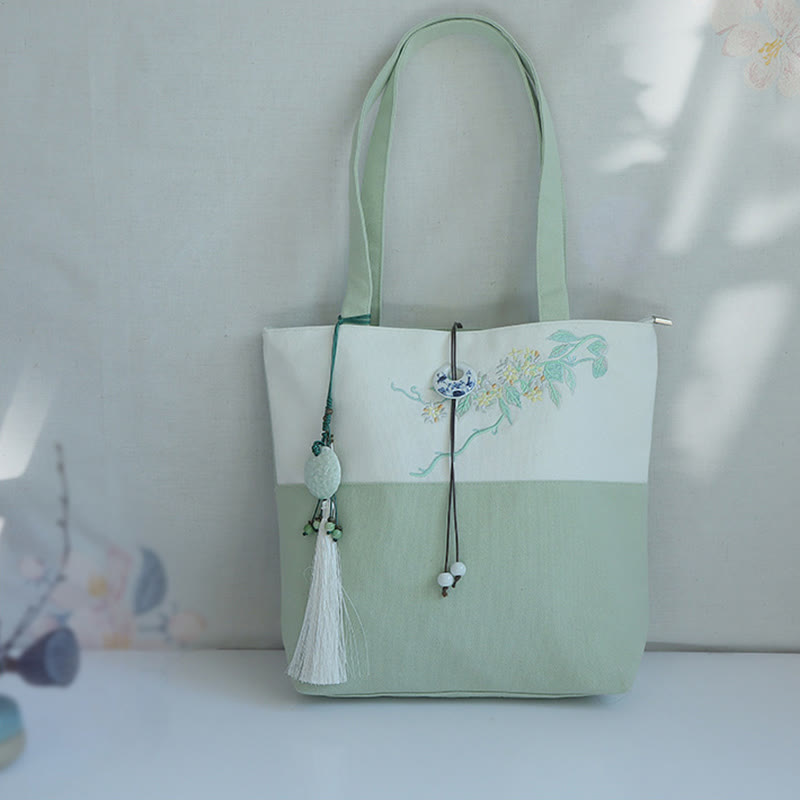 Nimara Ritual Pear Flower Plum Peach Blossom Bamboo Embroidery Canvas Large Capacity Shoulder Bag Tote Bag