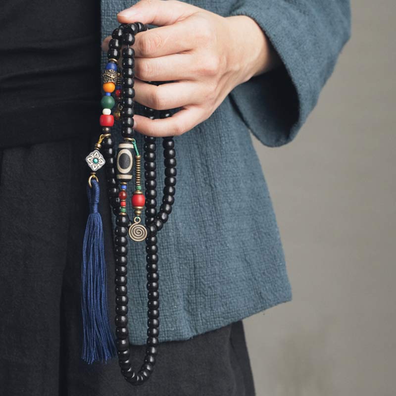 Nimara Ritual 108 Beads Mala Ebony Wood Dzi Bead Copper Balance Tassel Bracelet