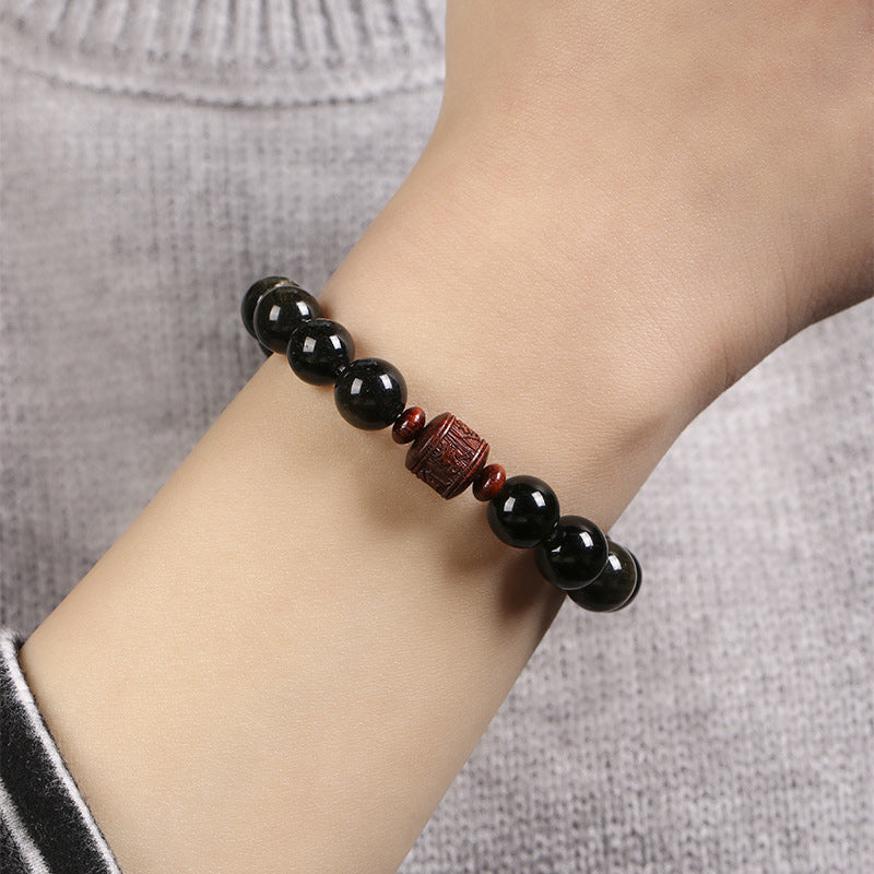 Nimara Ritual Natural Gold Sheen Obsidian Rainbow Obsidian Om Mani Padme Hum Fu Character Healing Bracelet