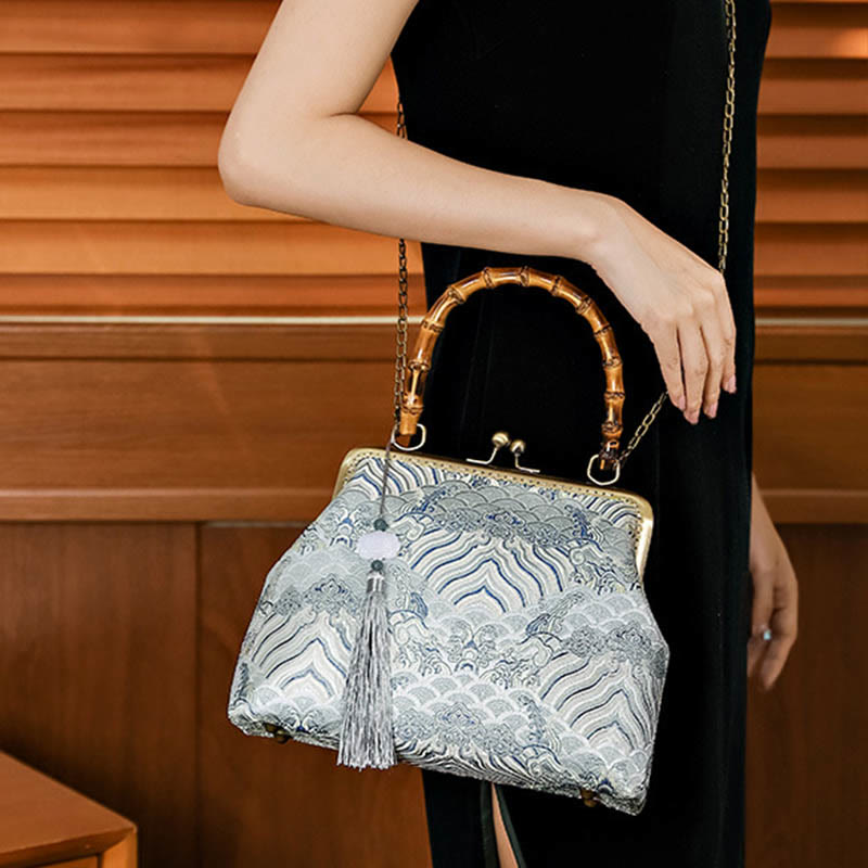 Nimara Ritual Silver Lines Bamboo Handle Metal Chain Crossbody Bag Handbags