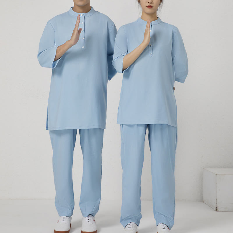 Nimara Ritual 2Pcs Buttons Men's Three Quarter Sleeve Shirt Top Pants Meditation Zen Tai Chi Cotton Linen Clothing Set