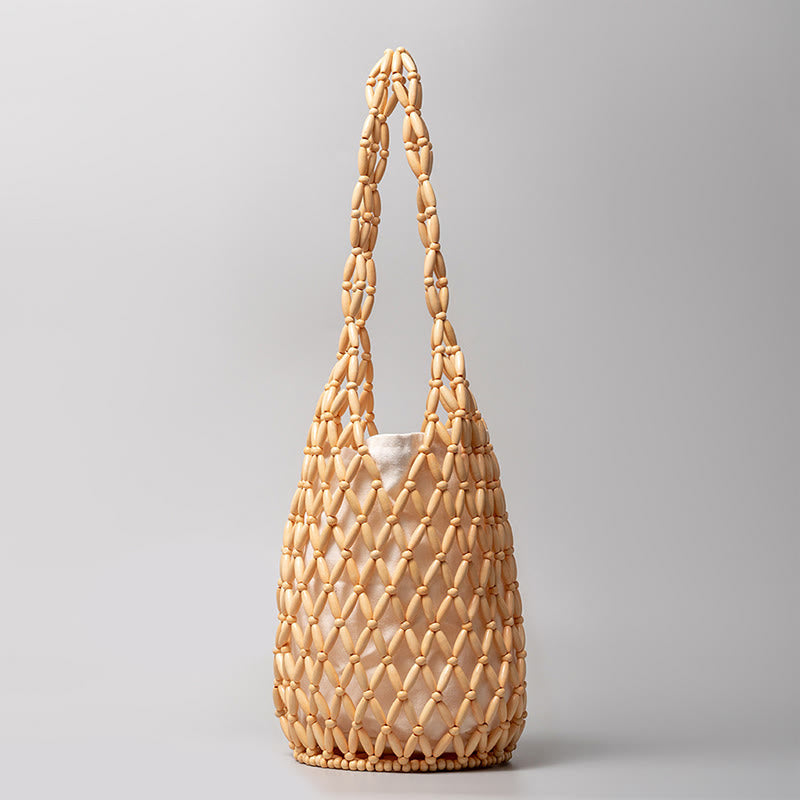 Nimara Ritual Hand-woven Wooden Beads Bucket Shoulder Bag Handbag