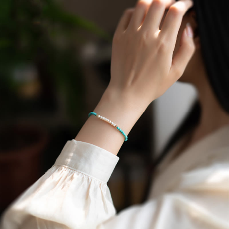 Nimara Ritual 925 Sterling Silver Natural Turquoise Pearl Beaded Bracelet