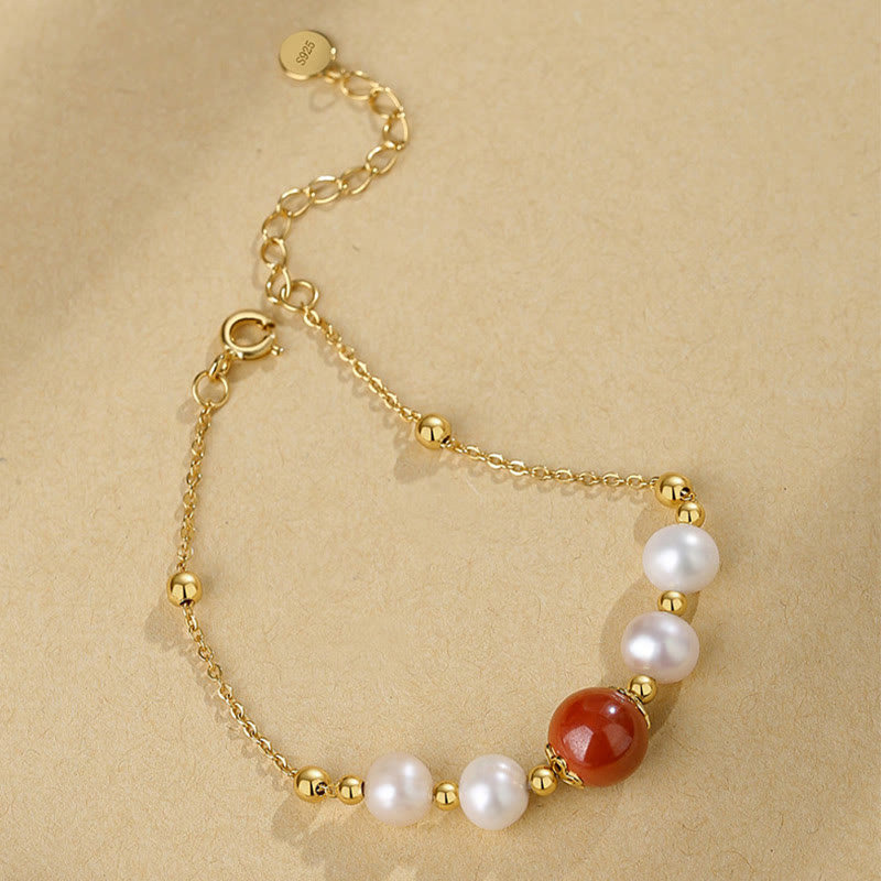 Nimara Ritual 925 Sterling Silver Pearl Cinnabar Healing Bead Chain Bracelet
