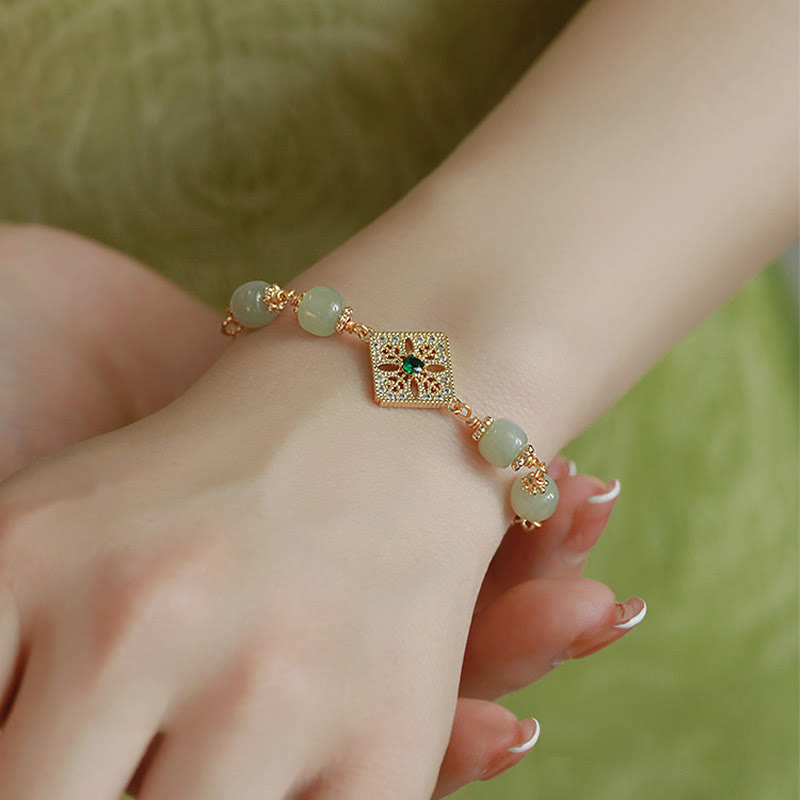 Nimara Ritual Natural Hetian Jade Bead Square Pattern Luck Chain Bracelet