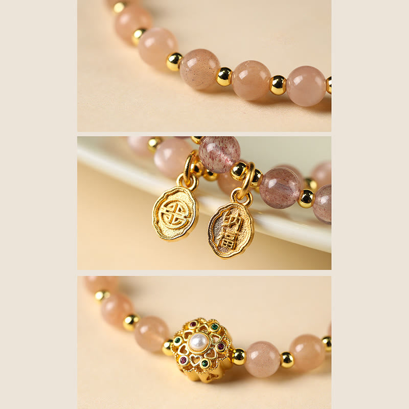 Nimara Ritual 14K Gold Plated Natural Strawberry Quartz Labradorite Sun Stone Fu Character Positive Charm Bracelet