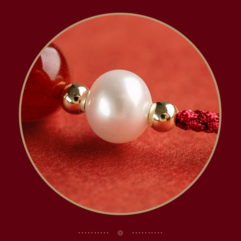 Nimara Ritual 925 Sterling Silver Good Fortune Fu Character Agate Pearl Red String Braid Bracelet