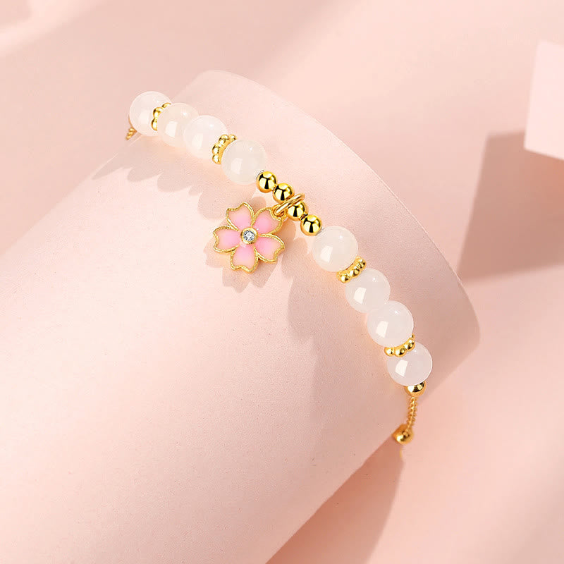 Nimara Ritual 925 Sterling Silver Hetian White Jade Cherry Blossom Protection Bracelet