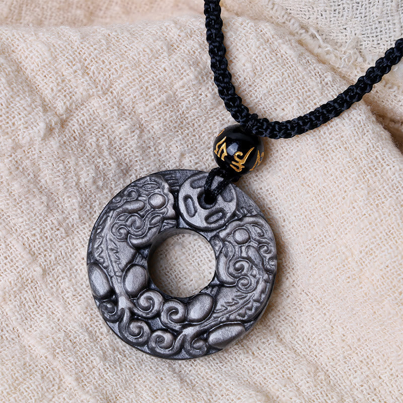 Nimara Ritual Natural Silver Sheen Obsidian Double PiXiu Copper Coin Peace Buckle Protection Necklace Pendant