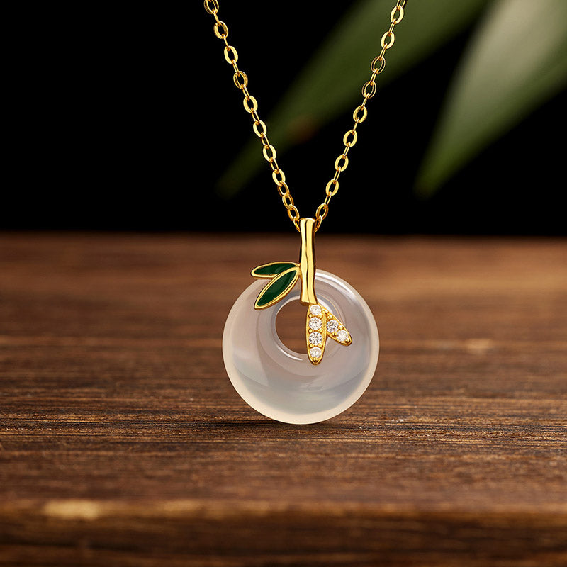 Nimara Ritual 925 Sterling Silver Natural Chalcedony Bamboo Leaf Peace Buckle Positive Necklace Pendant