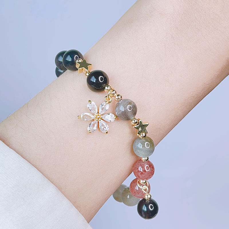 Nimara Ritual Natural Silver Sheen Obsidian Love Heart Star Flower Protection Bracelet