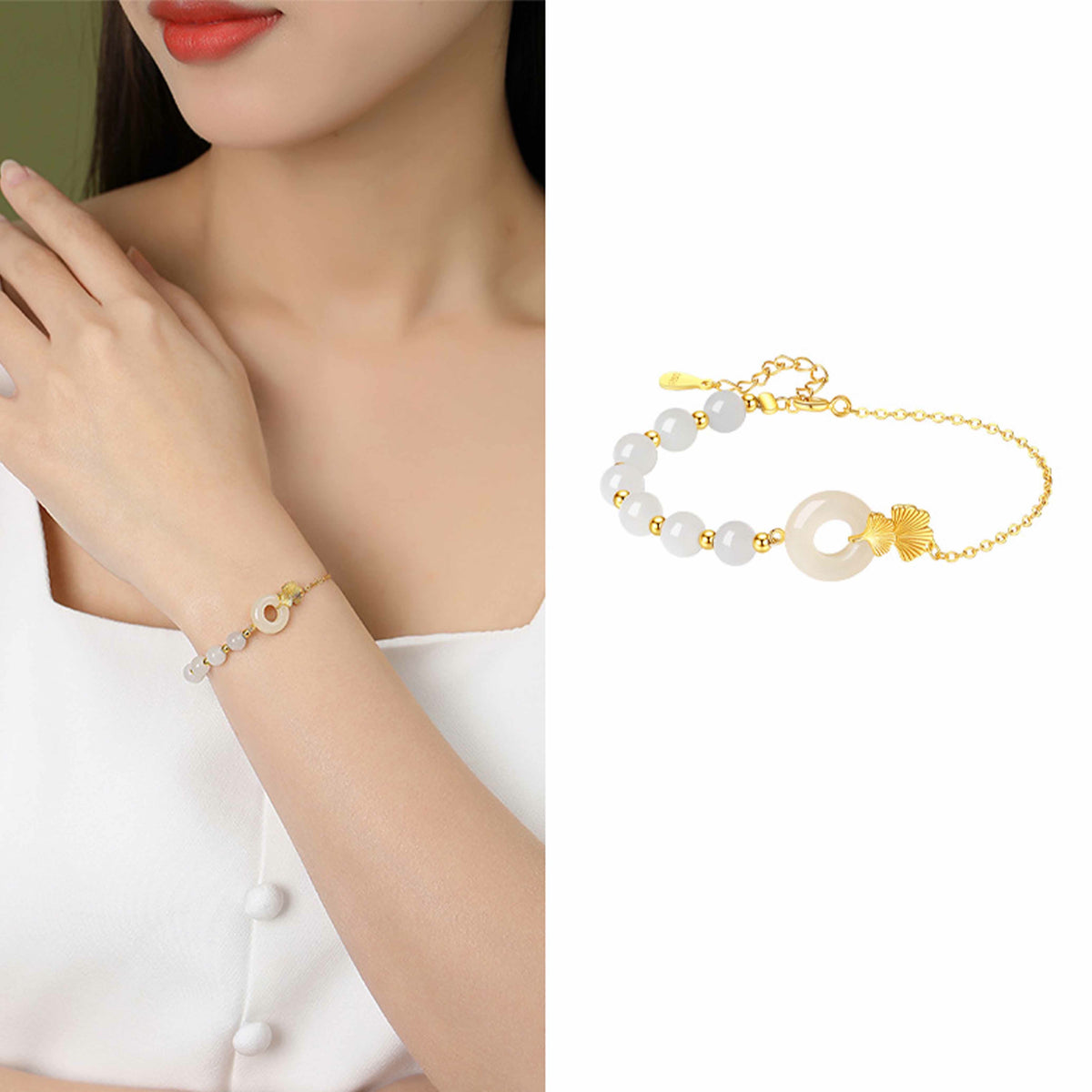 Nimara Ritual 925 Sterling Silver Hetian White Jade Peace Buckle Ginkgo Leaf Luck Bracelet