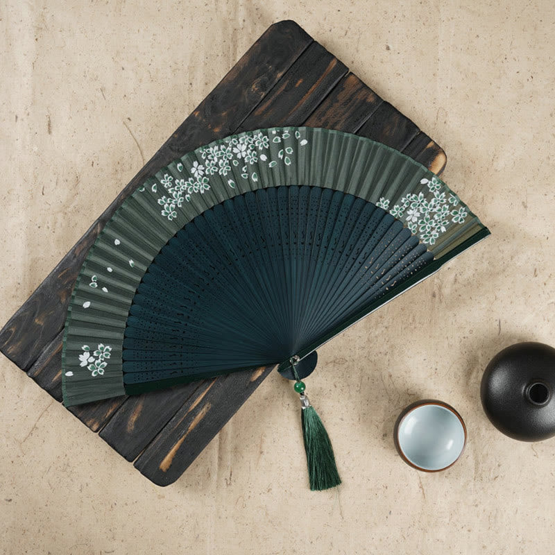 Nimara Ritual Simple Cherry Flower Hollow Engraved Handheld Bamboo Folding Fan