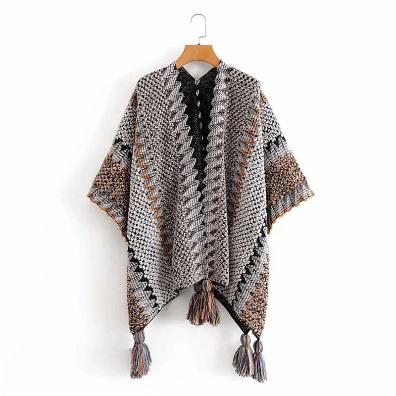 Nimara Ritual Tibetan Shawl Gray Brown Striped Knitted Tassels Winter Cozy Travel Scarf Wrap