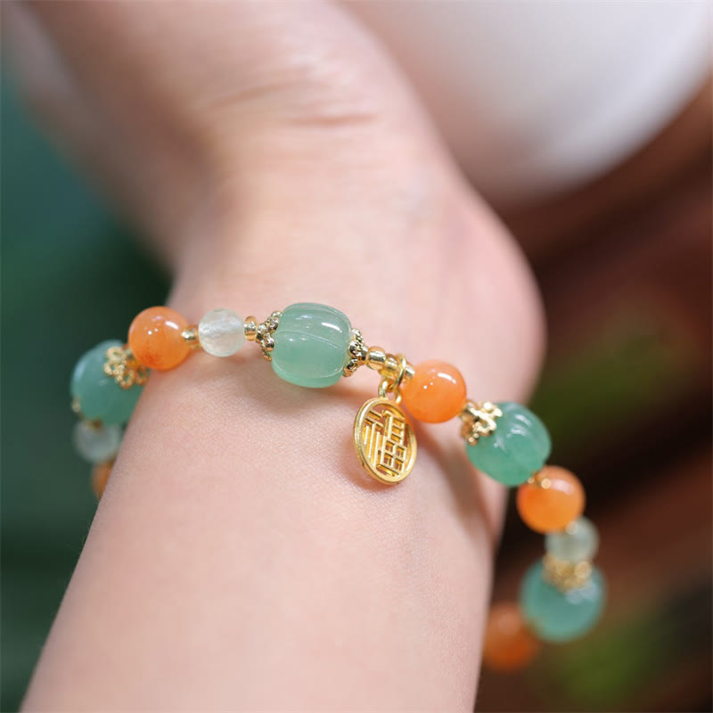 Nimara Ritual Natural Golden Silk Jade Pumpkin Bead Fu Character Charm Wealth Bracelet