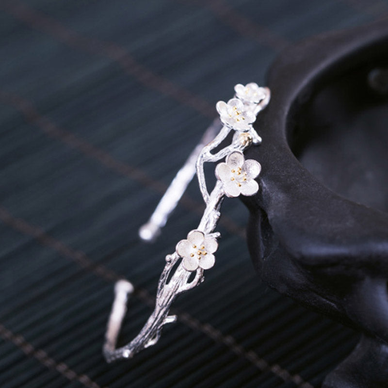 Nimara Ritual 925 Sterling Silver Plum Flower Blessing Bracelet Adjustable Bangle
