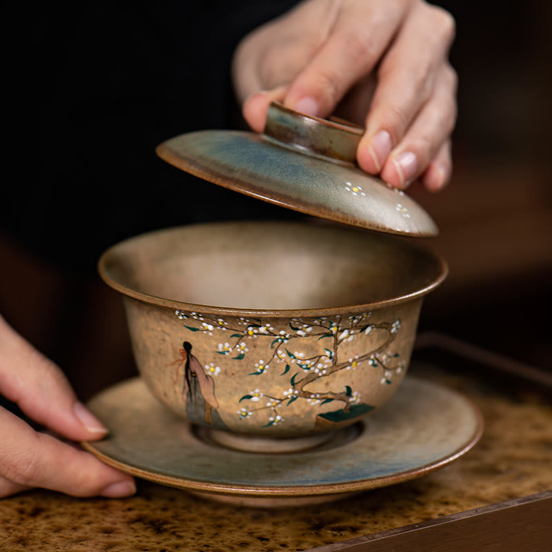 Nimara Ritual Jingdezhen Hand Painted Ru Kiln Porcelain Hanfu Girl Flower Ceramic Gaiwan Sancai Teacup Kung Fu Tea Cup And Saucer With Lid