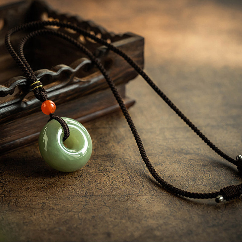 Nimara Ritual Natural Round Jade Gray Jade Peace Buckle Luck Necklace Pendant