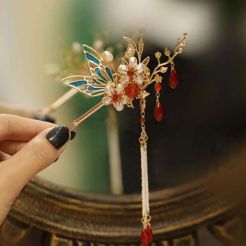 Nimara Ritual Classical Chinese Style Flower Branche Butterfly Pearl Tassel Hair Clip Hair Comb Hair Crown