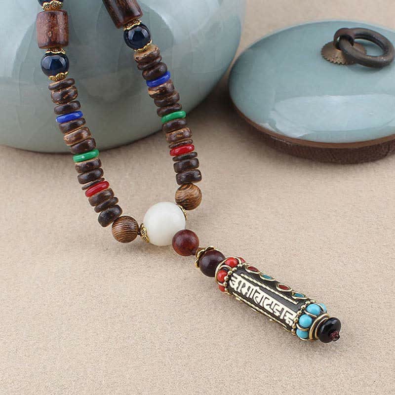 Nimara Ritual Tibetan Om Mani Padme Hum Dzi Bead Wenge Wood Necklace Pendant