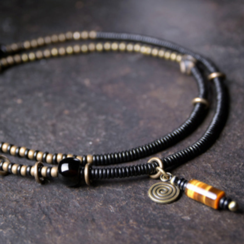 Nimara Ritual Ebony Wood Dzi Bead Copper Peace Couple Bracelet Necklace Pendant