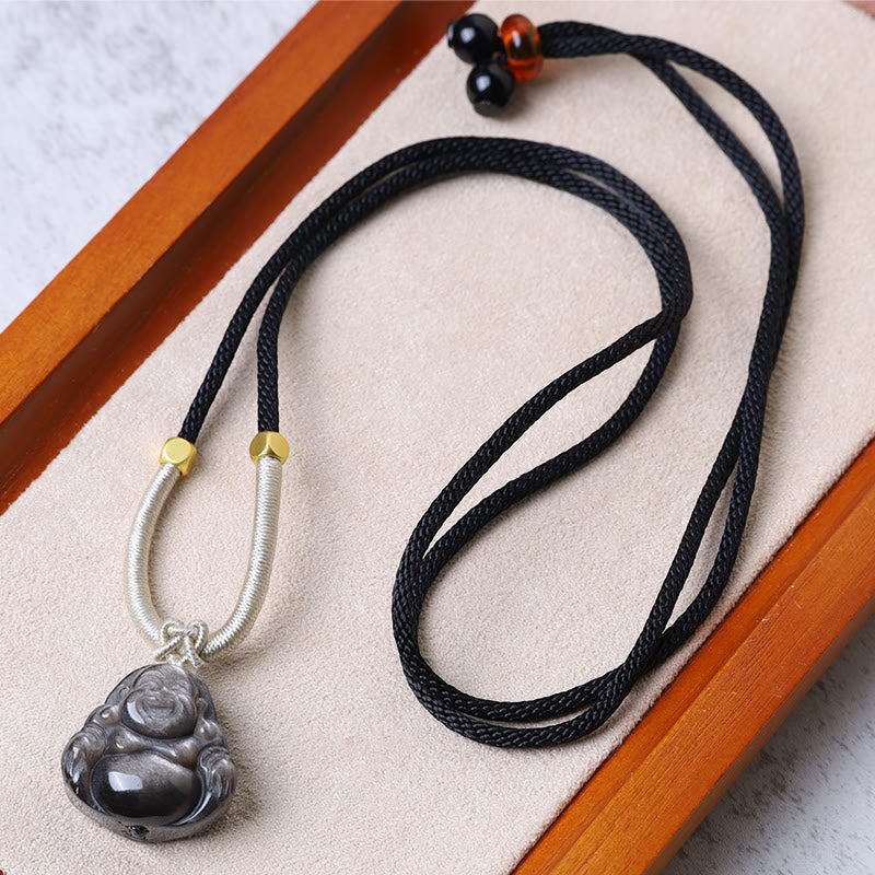Nimara Ritual Natural Silver Sheen Obsidian Laughing Buddha Protection Necklace Pendant