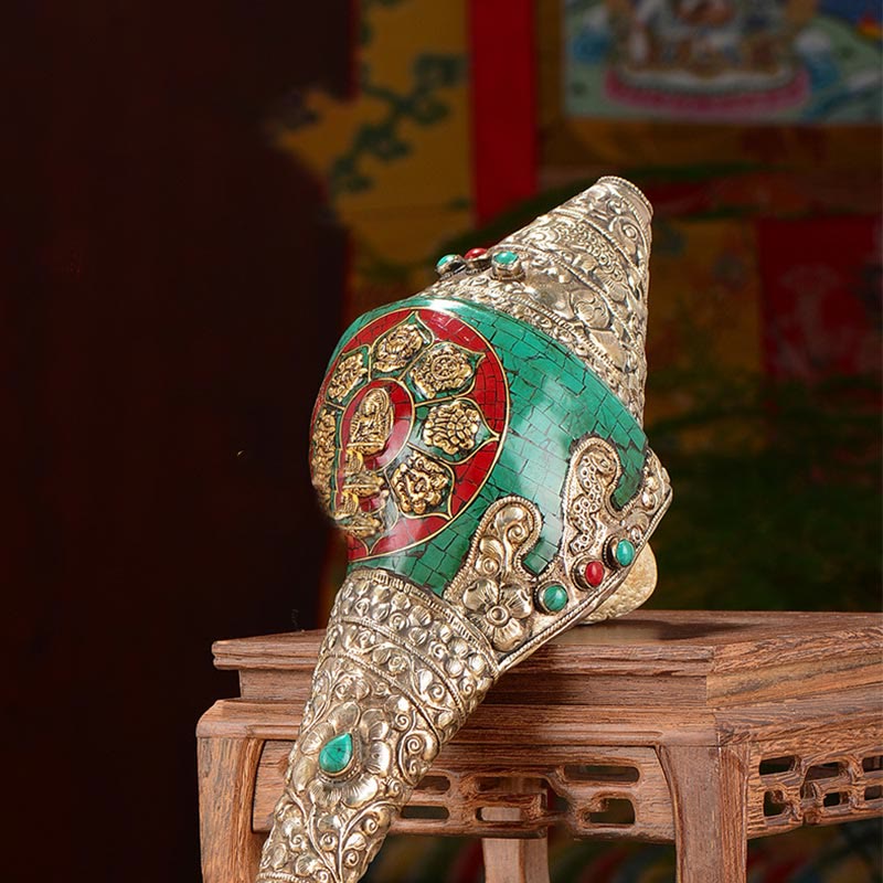 Nimara Ritual Tibetan Handmade Engraved Shankha Double Dorje Buddha Conch Shell Wealth Positive Decoration