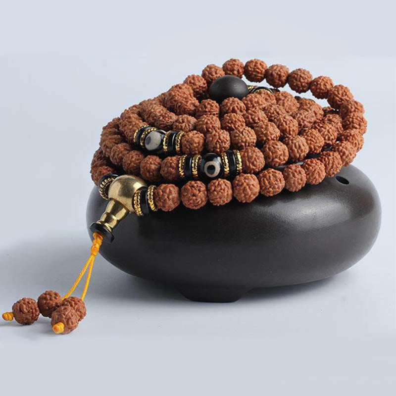 Nimara Ritual 108 Mala Beads Rudraksha Bodhi Seed Dzi Bead Luck Wealth Bracelet