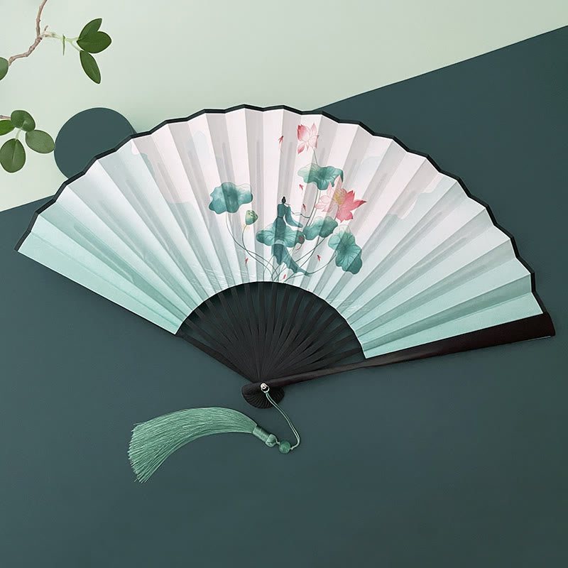 Nimara Ritual Retro Lotus Flower Leaf Mountain Lake Handheld Folding Fan With Bamboo Frames