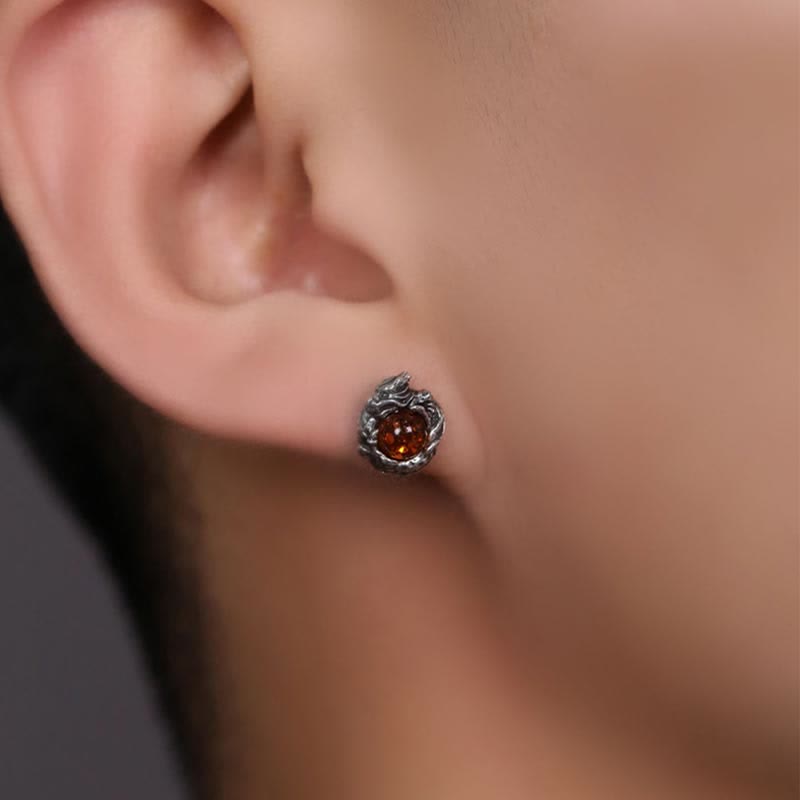 Nimara Ritual 925 Sterling Silver Natural Amber Dragon Success Protection Stud Earring